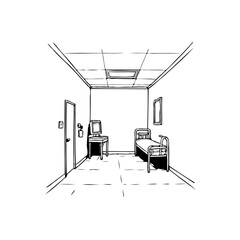 Monochrome depiction of minimalist hospital room evokes feelings of isolation