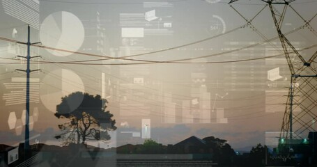 Translucent data overlays sliding into view causing rightward panning revealing steel tower network - Powered by Adobe