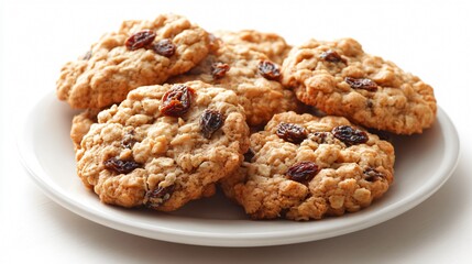 Delicious Plate of Oatmeal Raisin Cookies on White Background