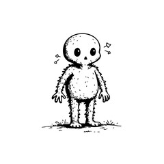 Whimsical hand-drawn creature with a simple skull face stands alone