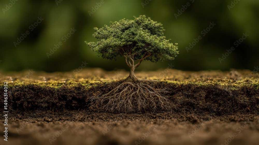 Poster a close-up view of a tree with expansive roots showing soil and natural environment in a green outdo