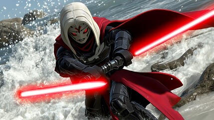 Female warrior with red lightsaber, and ocean.
