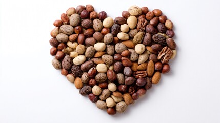 Heart Shaped Nuts Array on White Background: Nut Mix Valentine Concept