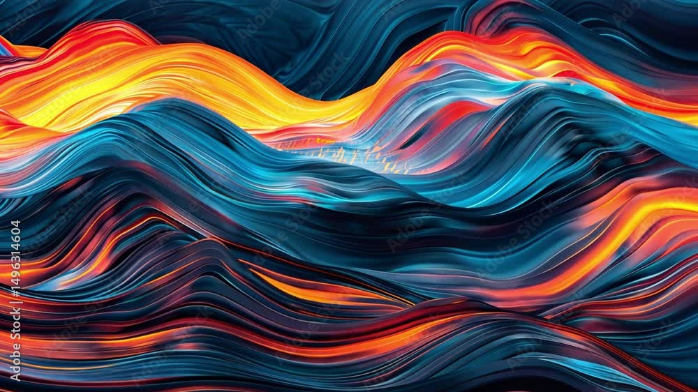 Poster vibrant abstract waves in dynamic shades of blue, orange, and yellow create fluid visual experience,