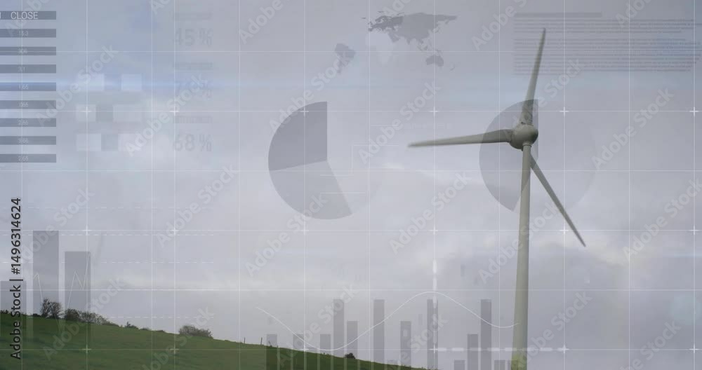 Aufkleber Wind turbine blades rotating driven by wind while data overlays updating to monitor performance