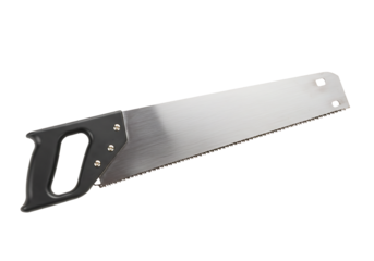 Hand saw with black handle and silver blade angled view (1)
