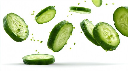 Fresh Falling Pickled Cucumber Slices Isolated on White Background