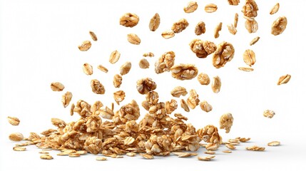 Crunchy Falling Muesli Oat Granola on White Background for Food Photography