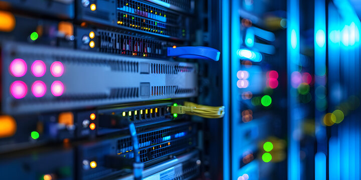 Close-Up of Data Server Rack in Modern Data Center, IT Infrastructure and Networking Equipment, High-Tech Digital Storage System


