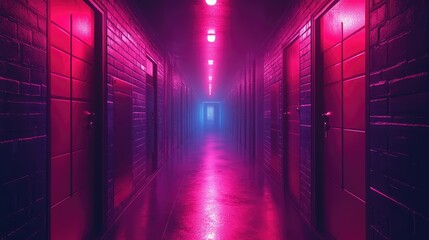 Fototapeta premium Neon-lit hallway with doors, mysterious atmosphere