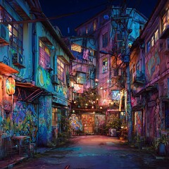 Fototapeta premium Night Scene of a Vibrant, Graffiti-Covered Alleyway. Illuminated by String Lights and Warm Glow.
