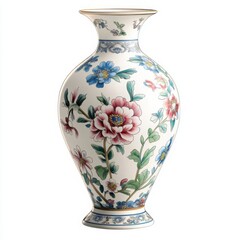 3D illustration of a decorative ceramic vase with hand-painted floral patterns, isolated on a white background, 