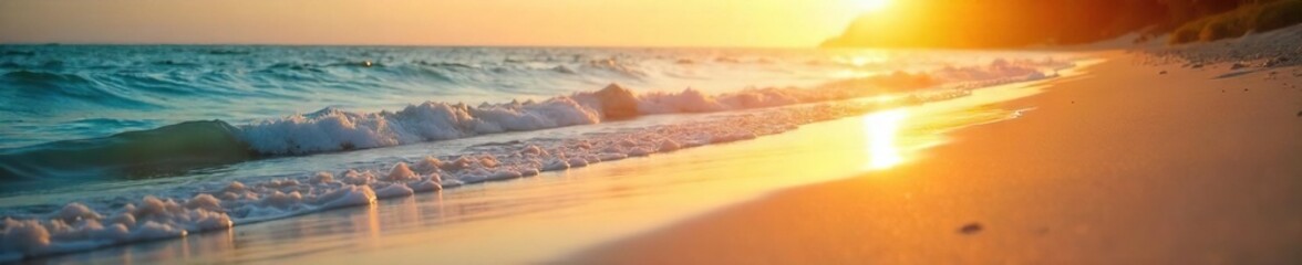 Obraz premium Golden hour sunlight warms smooth beach sand, gentle waves lapping the shore, a perfect summer scene Ideal for travel, vacation, and relaxation themes , travel, shore, sky