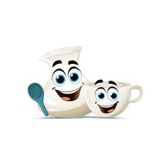 Obraz premium Cheerful Milk Jug and Cup Cartoon Characters. A fun illustration perfect for breakfast menus, dairy products, or children's books.