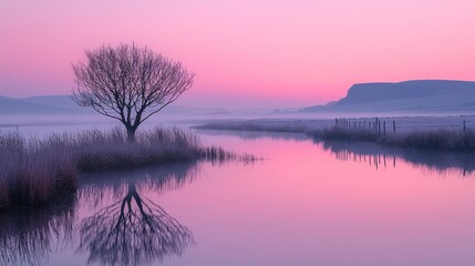 Obraz premium Misty sunrise over tranquil lake, lone tree reflected