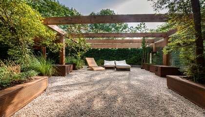 Obraz premium serene outdoor space featuring fine gravel floor in natural tones surrounded by lush greenery