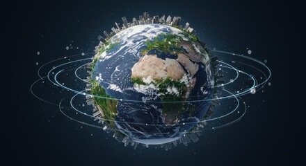 Global interconnectedness. Earth with cityscapes encircling it, intricate network of lines
