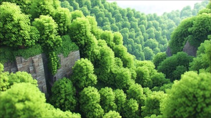 Floresta exuberante, vista aérea, vegetação densa, encostas íngremes