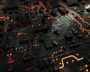 Circuito Eletrônico Abstrato com Iluminação Laranja