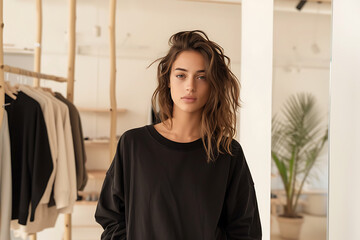 fashion styling, a person trying on clothes in a simple dressing room with a mirror