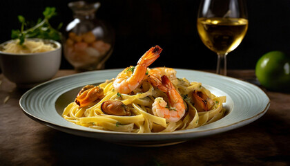Close-up of seafood spaghetti with shrimps, creamy sauce and seasonings