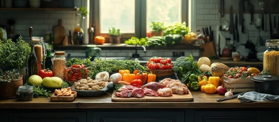 Fototapeta premium Kitchen Counter with Variety of Fresh Ingredients