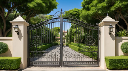 Elegant gated community entrance with lush greenery and iron gate in a serene residential area