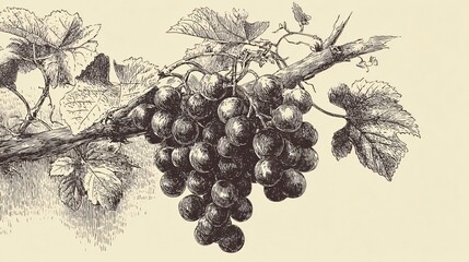 Obraz premium Detailed Hand-Drawn Ink Sketch of Grape on Branch for Artistic Designs