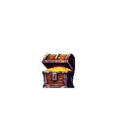 Open Treasure Chest Full of Gold Coins A Pixel Art Illustration.