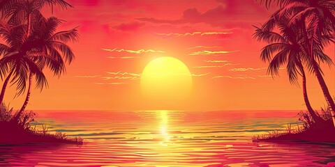 Tropical Seascape wall art with Palm Trees at Sunset over Ocean and Exotic Sky