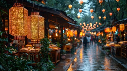 Fototapeta premium Warm Lantern Lights Illuminate Rainy Outdoor Market at Dusk