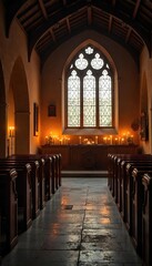 Obraz premium Serene candlelight illuminates a rustic church interior, creating a peaceful and contemplative atmosphere Perfect for themes of faith, hope, spirituality, and remembrance , faith, sanctuary, holy