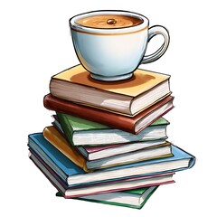 Naklejka premium A steaming cup of coffee rests atop a stack of colorful books, perfect for education and relaxation themes.