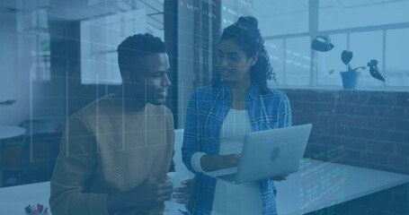 Man holding mug and woman scrolling laptop while showing stock charts fading in for finance review