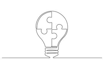 Continuous one line drawing of Lightbulb with Pieces of jigsaw. Single line drawing illustration of Lightbulb jigsaw. Business idea concept vector art. Doodle line illustration.