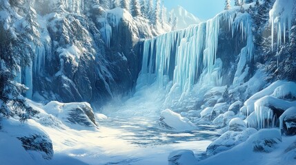Frozen waterfall in a snowy mountain valley