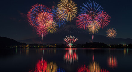 Fototapeta premium Fireworks display over lake at night celebration new year's eve fourth of july pyrotechnics show