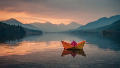 Paper Boat on Calm Lake at Sunset with Mountain Background