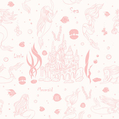 Seamless pattern kids with sea life, mermaids and castle, continuous pattern in pink