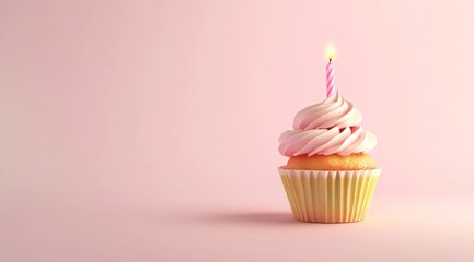 Pink Birthday Cupcake with One Candle on Pink Background