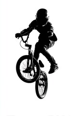 Obraz premium A person wearing a helmet performs a jump on a BMX bike captured in a high-contrast silhouette.