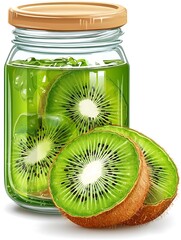 Delicious Kiwi Fruit Preserve in Glass Jar with Fresh Kiwi Slices.