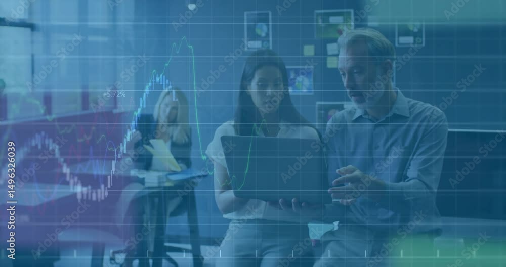 Aufkleber mature man leaning in and initiating animated stock chart growth while colleagues analyzing data