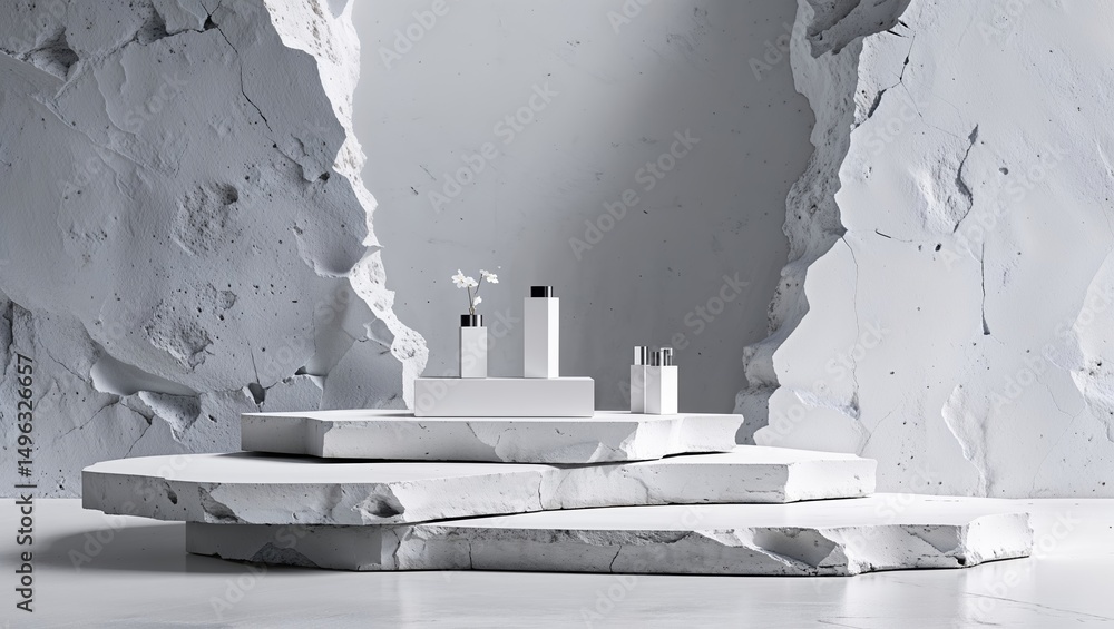 Poster modern minimalist display on textured stone surface featuring elegant white containers and floral ac