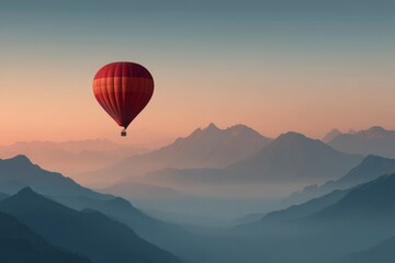 Red Hot Air Balloon Soaring Over Misty Mountains at Sunrise