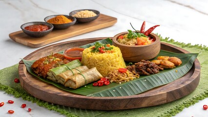 A wooden tray with a selection of southeast asian cuisine dishes