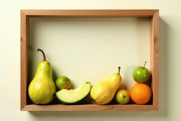 A simple wooden frame showcases a vibrant still life of assorted fresh fruit, including pears, apples, and a cantaloupe slice, arranged artfully on a neutral background.