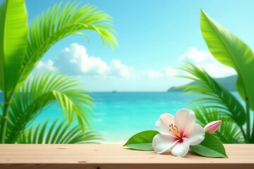 Serene Tropical Escape A Single Exotic Blossom Rests on a Wooden Surface, Framed by Lush Palm Fronds and the Tranquil Azure Ocean in the Background