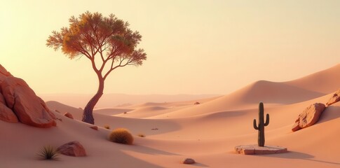 Serene Desert Landscape A Solitary Tree and Cactus Under a Warm Sunset Sky