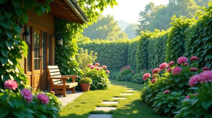 Serene Cottage Garden Path at Sunrise with Blooming Flowers and Wooden Bench